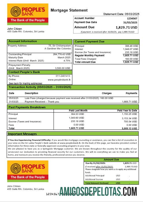 Extrato de hipoteca do Banco Popular do Sri Lanka em formatos Word e PDF amostra